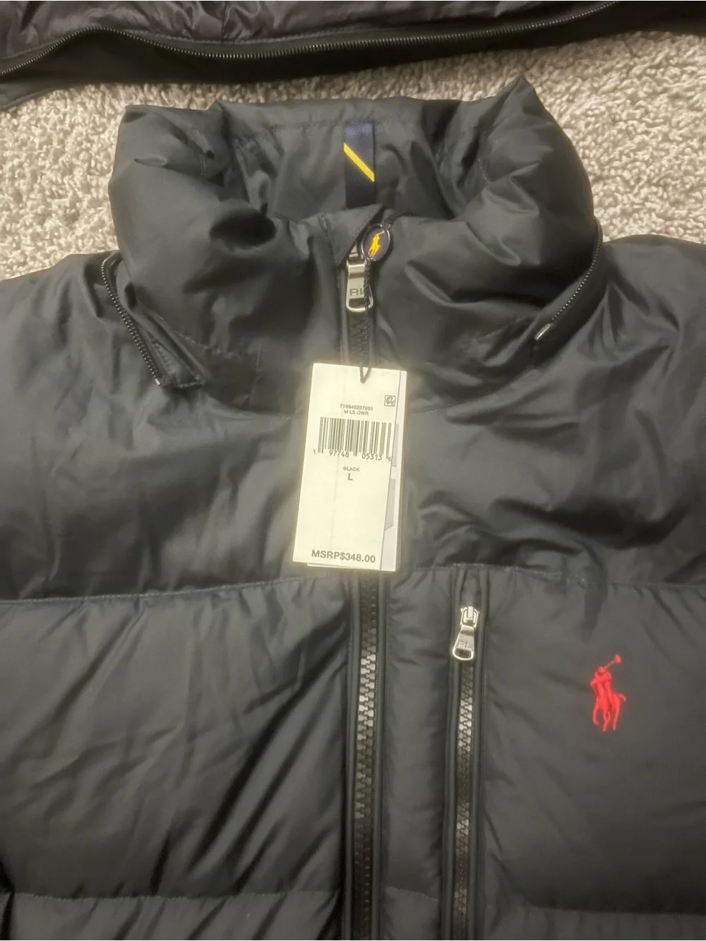 Polo Ralph Lauren The Gorham Down Hooded Zip Up Puffer Jacket Black Mens Size L